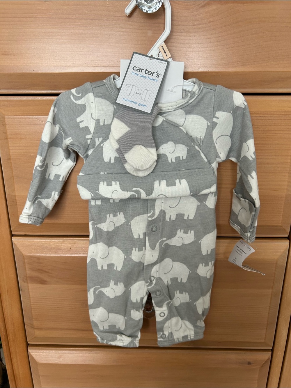 NWT Carter's Preemie Gray Elephant Converter Gown 3-Piece Set Hat Socks